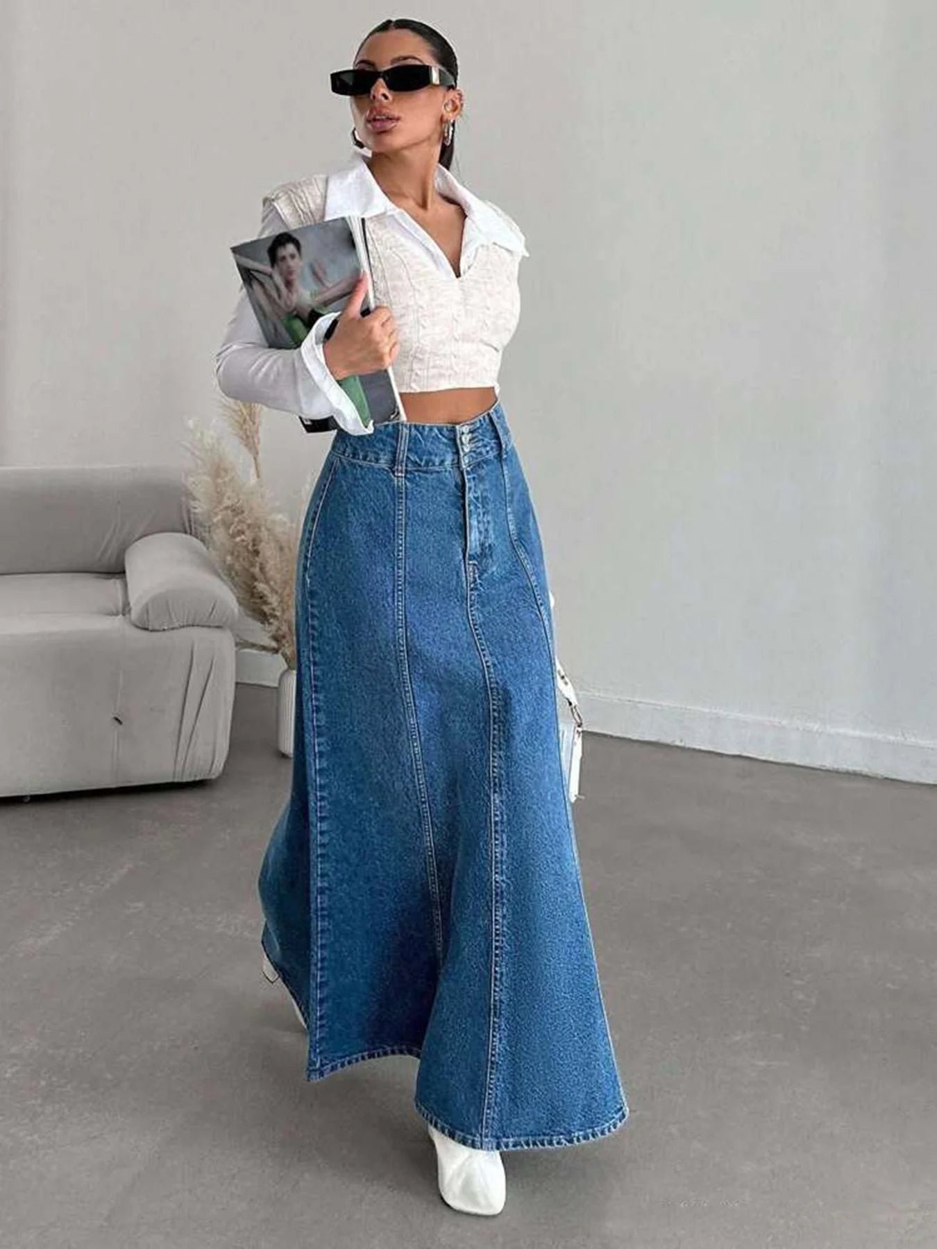 Women's long denim midi skirt for spring and autumn seasons Suitable for various occasions- daily church wear