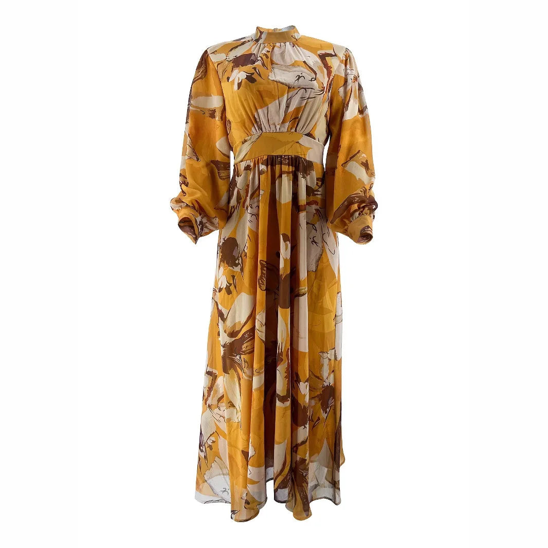 Long Dresses for Spring Women Yellow Chiffon Printed Elegant Clothing
