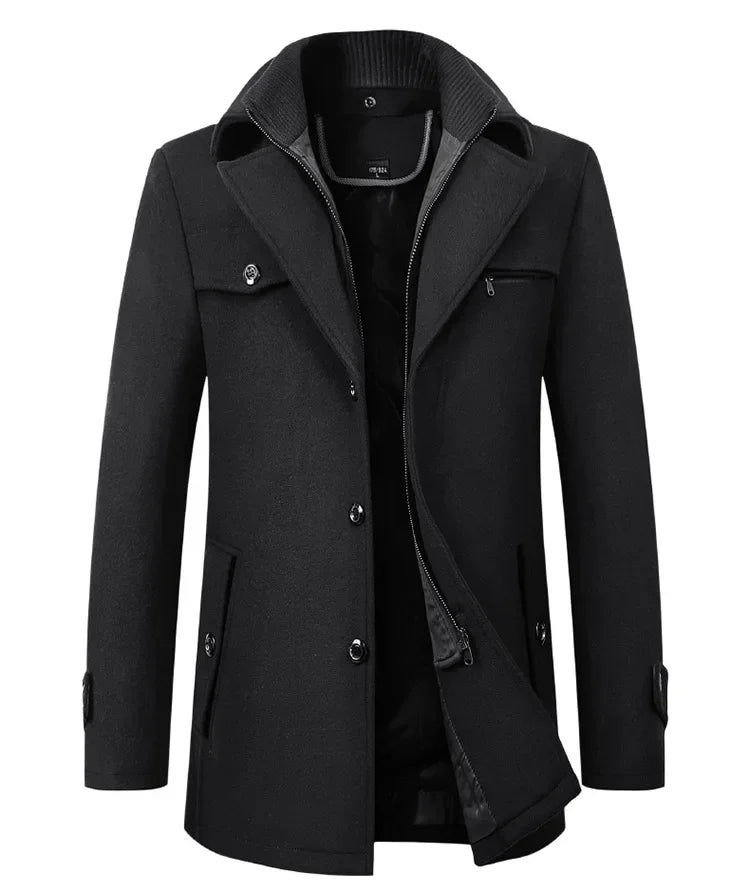 Men's Pea Coat Autumn and Winter Woolen Double Collar Overcoat Menswear Trench Coat