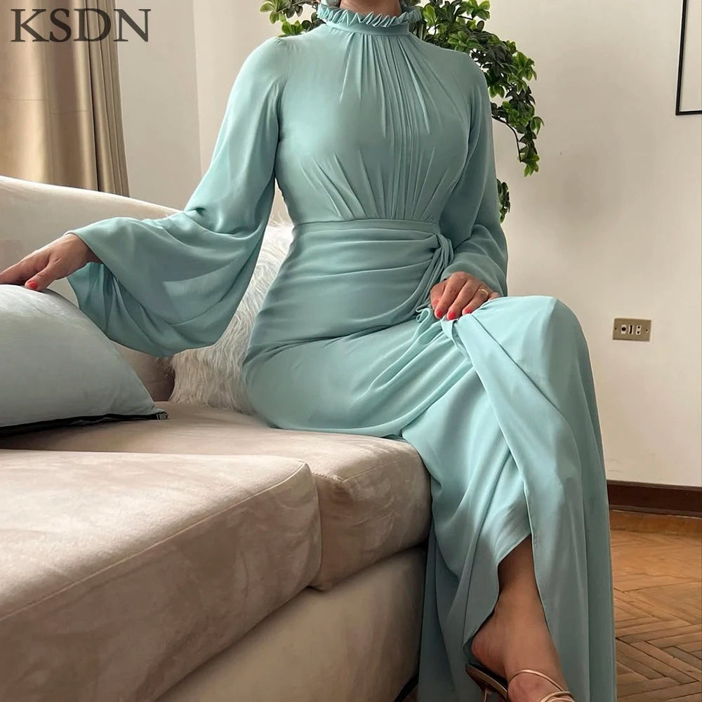 Luxury Evening Dresses High Neck Long Sleeve Pleat Ankle-Length Dress Formal Occasion Chiffon Gowns