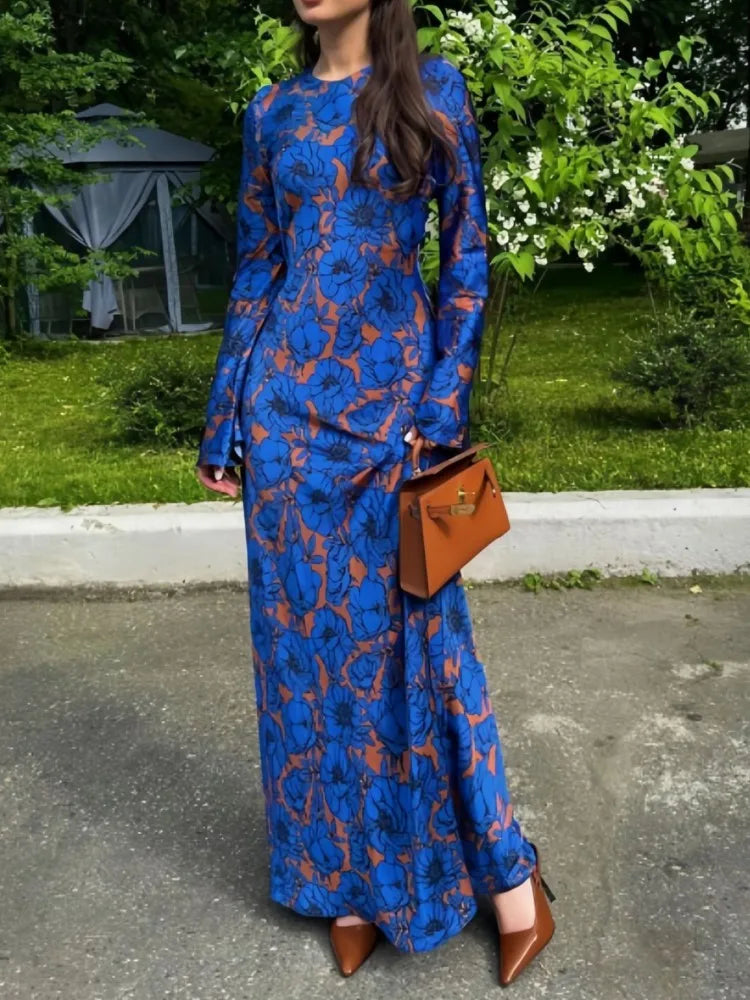Fashionable Vintage Print Long Sleeve Round Neck Dress Women Elegant Atmosphere Long Dresses Casual