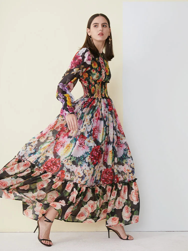 Ladies Elegant Floral Print Long Sleeve Dress Summer Chiffon Ruffled Collar Dress Elegant Elasticity Waist A-Line Sundress