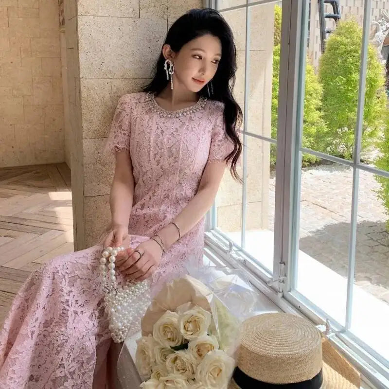 Luxury Pearl Lace Long Dress Formal Occasion Summer Women Midi Dresses Embroidered Ruffle Evening Party Wedding