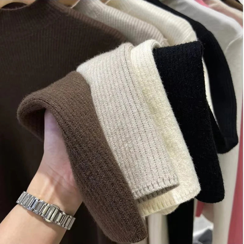 Turtleneck Winter Sweater Women Elegant Thick Velvet Lined Warm Knitted Pullover Slim Tops Jersey Knitwear