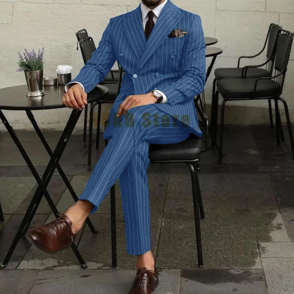 Men Suits Two Piece Suit Double Breasted Man Fashionable and Slim-fitting Design Groom Wedding Dress Casual Striped Fabric