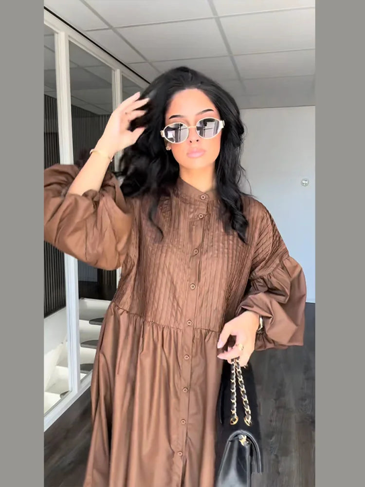 Casual Long Dress Women Solid Loose Neck Full Lantern Sleeve High Waist Robe Spring Fashion Dresses Lady