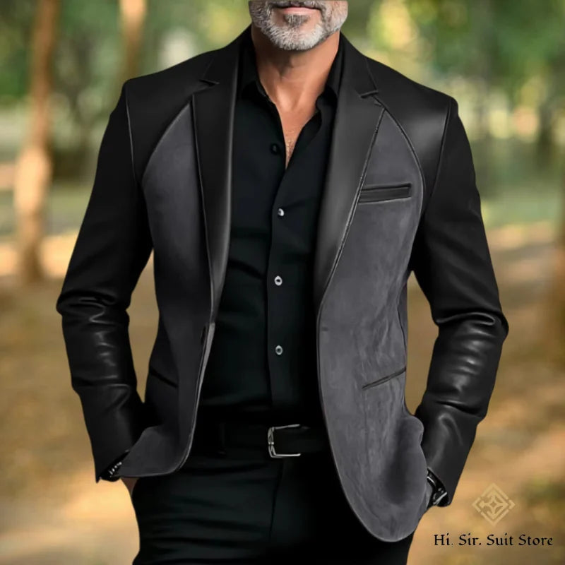 Classic Men's Suit Coat PU Splicing Notched Lapel Tuxedos Peaked Breasted Groom Wear Blazer Designer