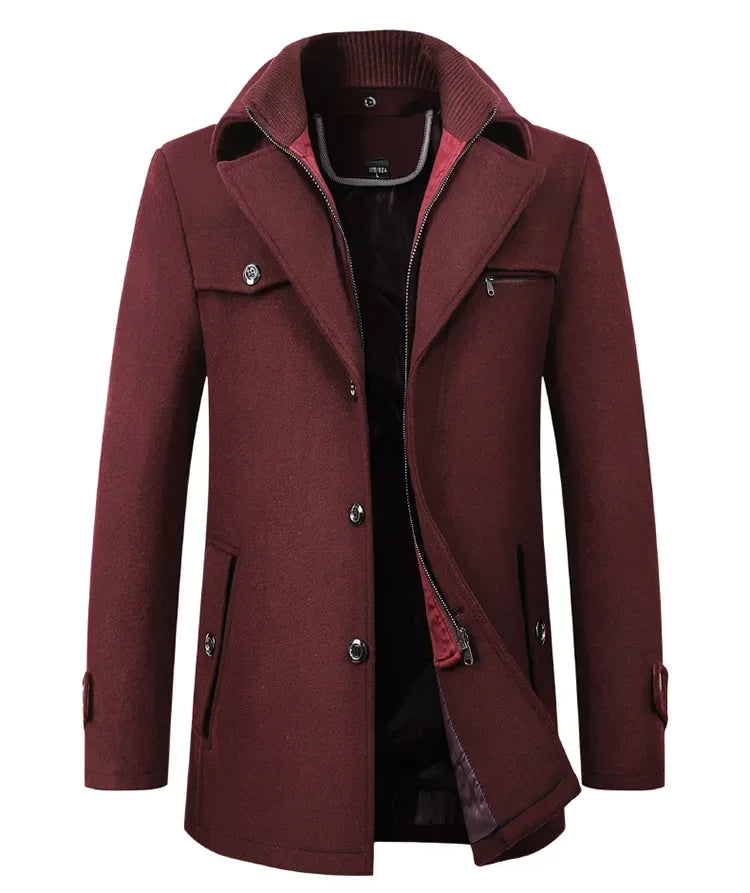 Men's Pea Coat Autumn and Winter Woolen Double Collar Overcoat Menswear Trench Coat