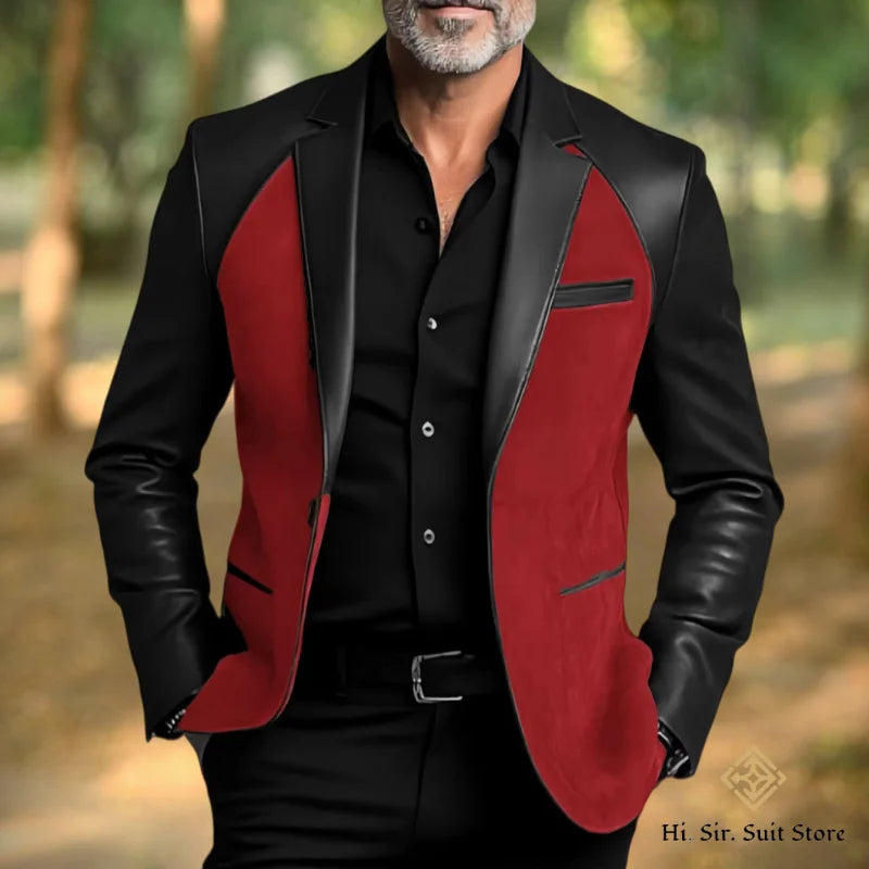 Classic Men's Suit Coat PU Splicing Notched Lapel Tuxedos Peaked Breasted Groom Wear Blazer Designer