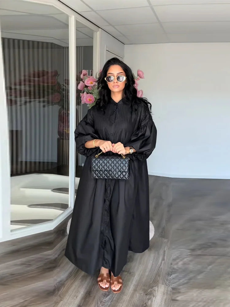 Casual Long Dress Women Solid Loose Neck Full Lantern Sleeve High Waist Robe Spring Fashion Dresses Lady