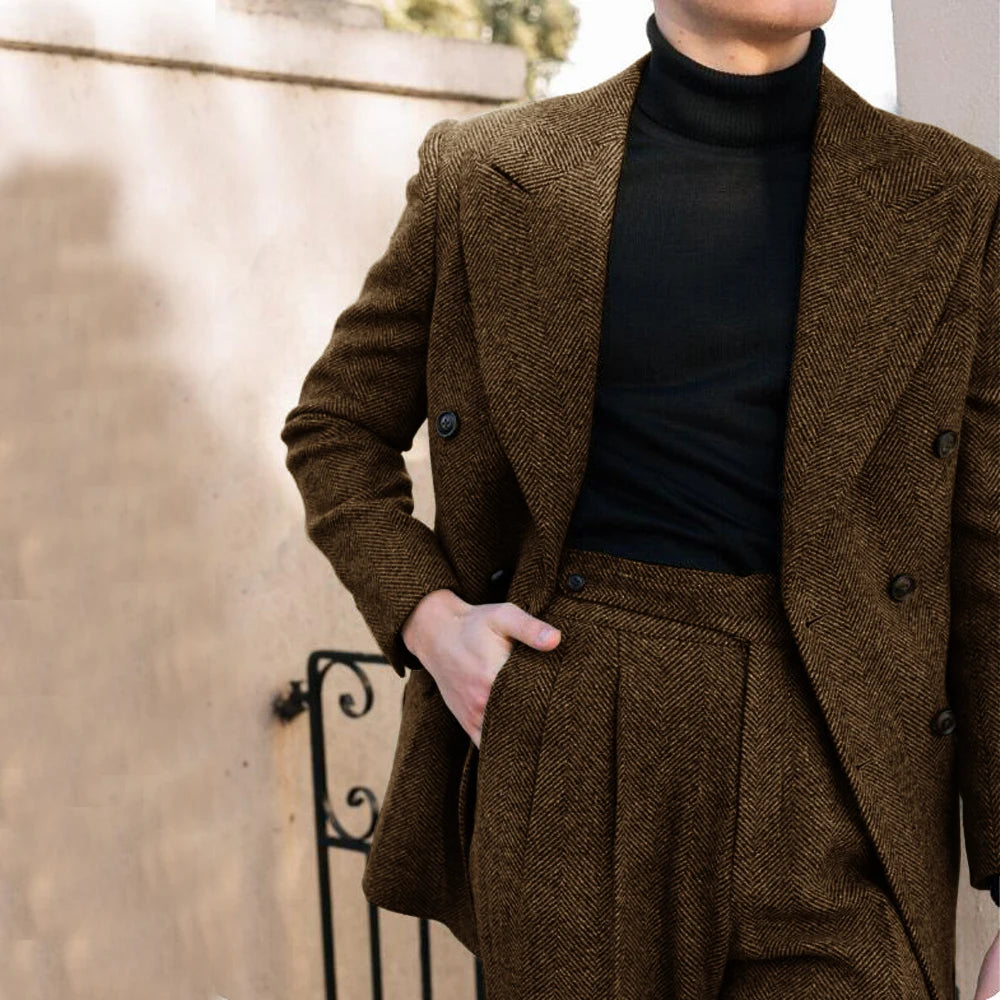 Men's Wedding Suit Herringbone Double Breasted Formal Men's Lapel Men's Suit 2 Piece Men's Full Suit Elegant Slim Fit