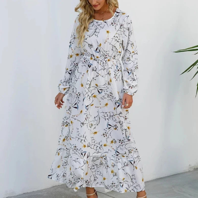 Floral Print Round Neck Long Sleeved Dress For Women Spring Autumn Fashionable Bohemian Big Swing Dress