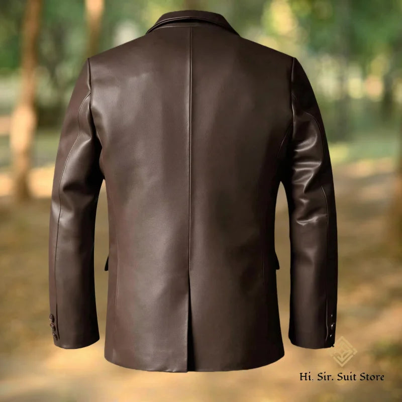 Classic Men's Suit Coat PU Splicing Notched Lapel Tuxedos Peaked Breasted Groom Wear Blazer Designer