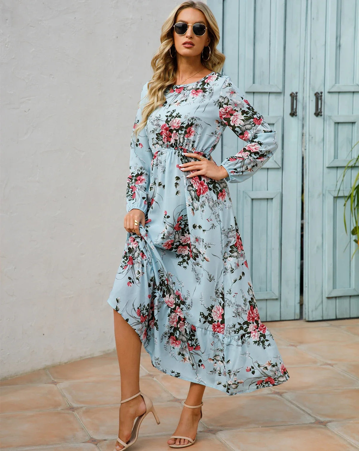 Floral Print Round Neck Long Sleeved Dress For Women Spring Autumn Fashionable Bohemian Big Swing Dress