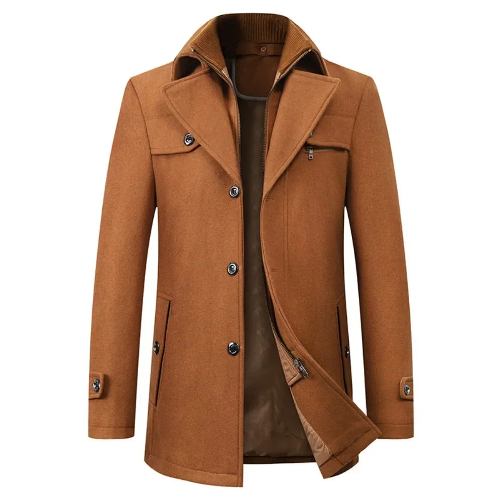 Men's Pea Coat Autumn and Winter Woolen Double Collar Overcoat Menswear Trench Coat
