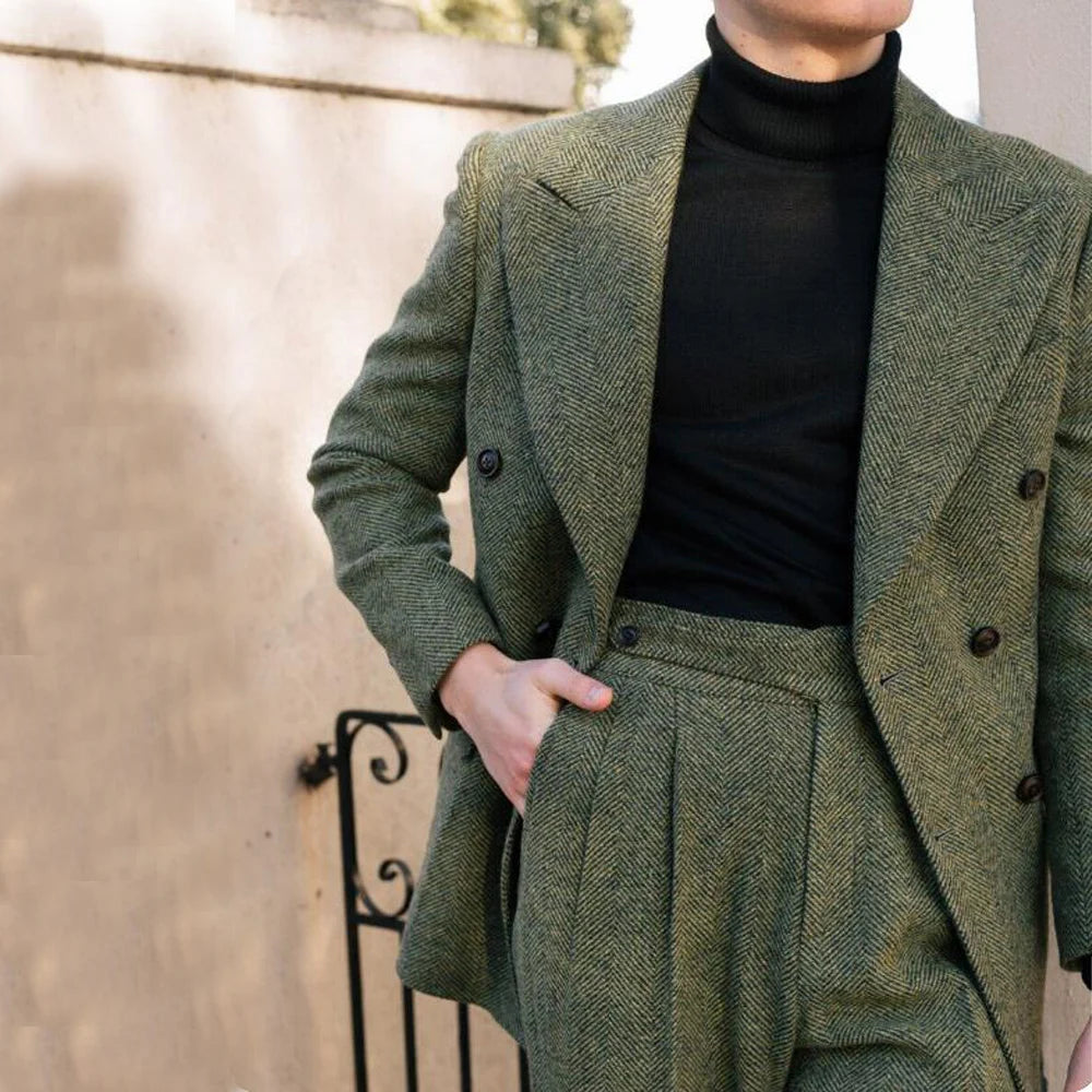 Men's Wedding Suit Herringbone Double Breasted Formal Men's Lapel Men's Suit 2 Piece Men's Full Suit Elegant Slim Fit