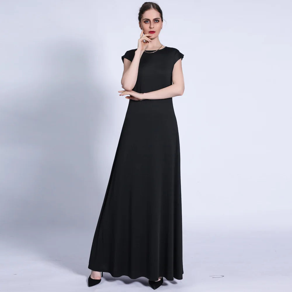 Women Long Dress Solid Short Sleeve Evening Dress Elegant