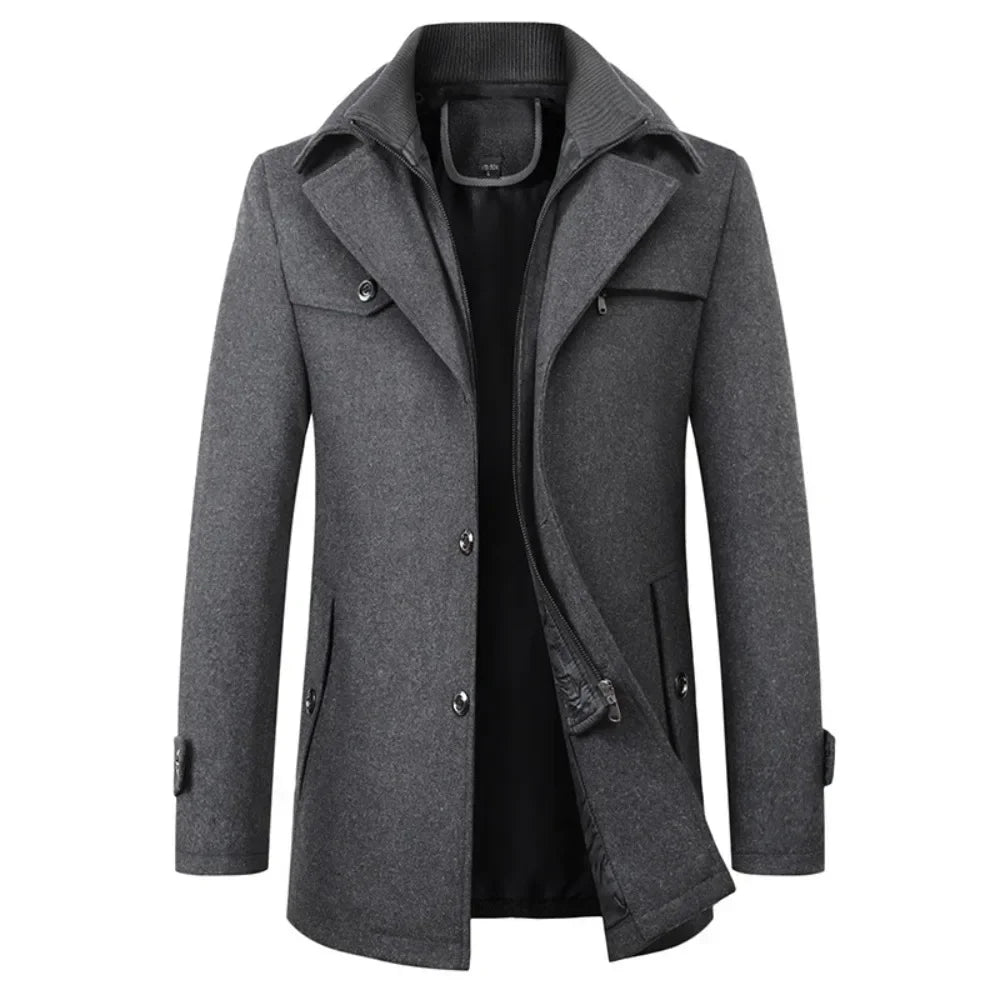 Men's Pea Coat Autumn and Winter Woolen Double Collar Overcoat Menswear Trench Coat