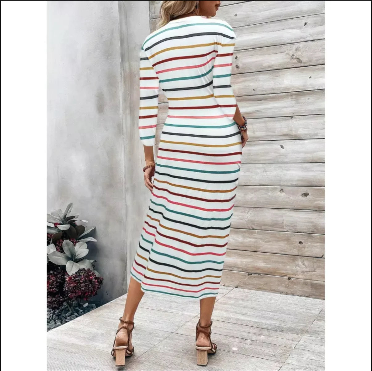 European American Women's Dress - Print Stripe Crew Neck Lace-up Tunic Dress Flattering Loose Fit