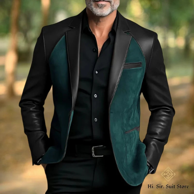 Classic Men's Suit Coat PU Splicing Notched Lapel Tuxedos Peaked Breasted Groom Wear Blazer Designer