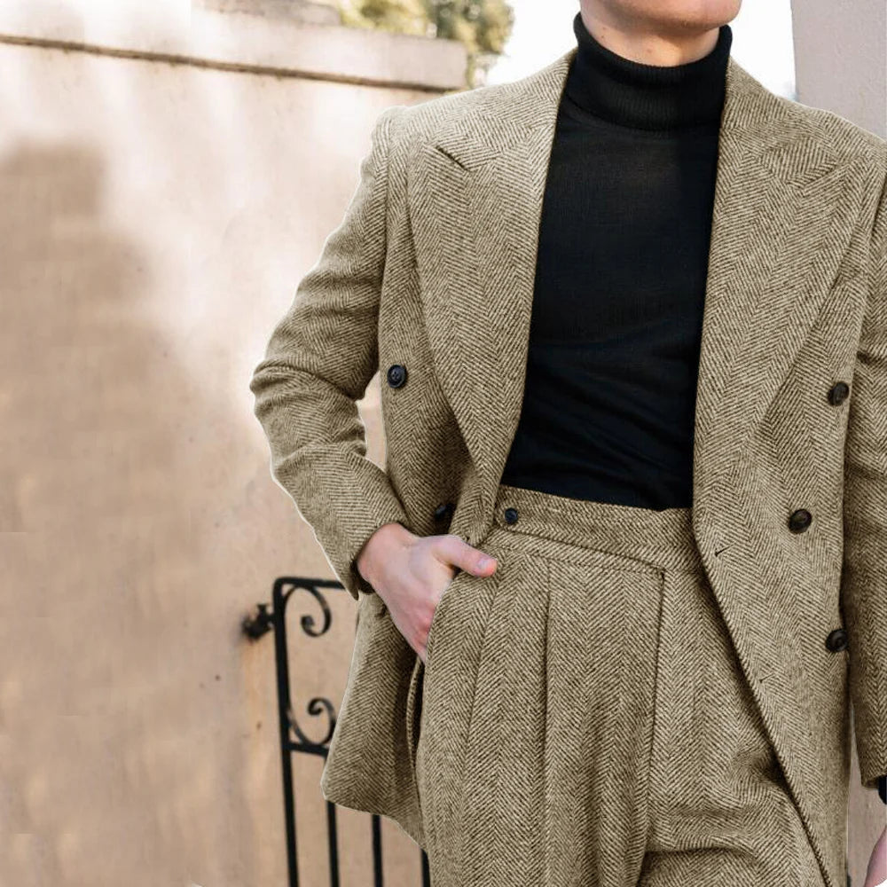 Men's Wedding Suit Herringbone Double Breasted Formal Men's Lapel Men's Suit 2 Piece Men's Full Suit Elegant Slim Fit