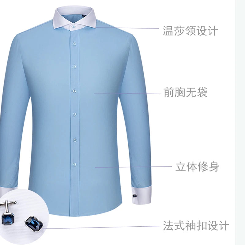 Men's Long-Sleeved Shirt Men's High-Grade Niche Double Folded Sleeve Windsor Collar Retro Business Dress Cufflinks