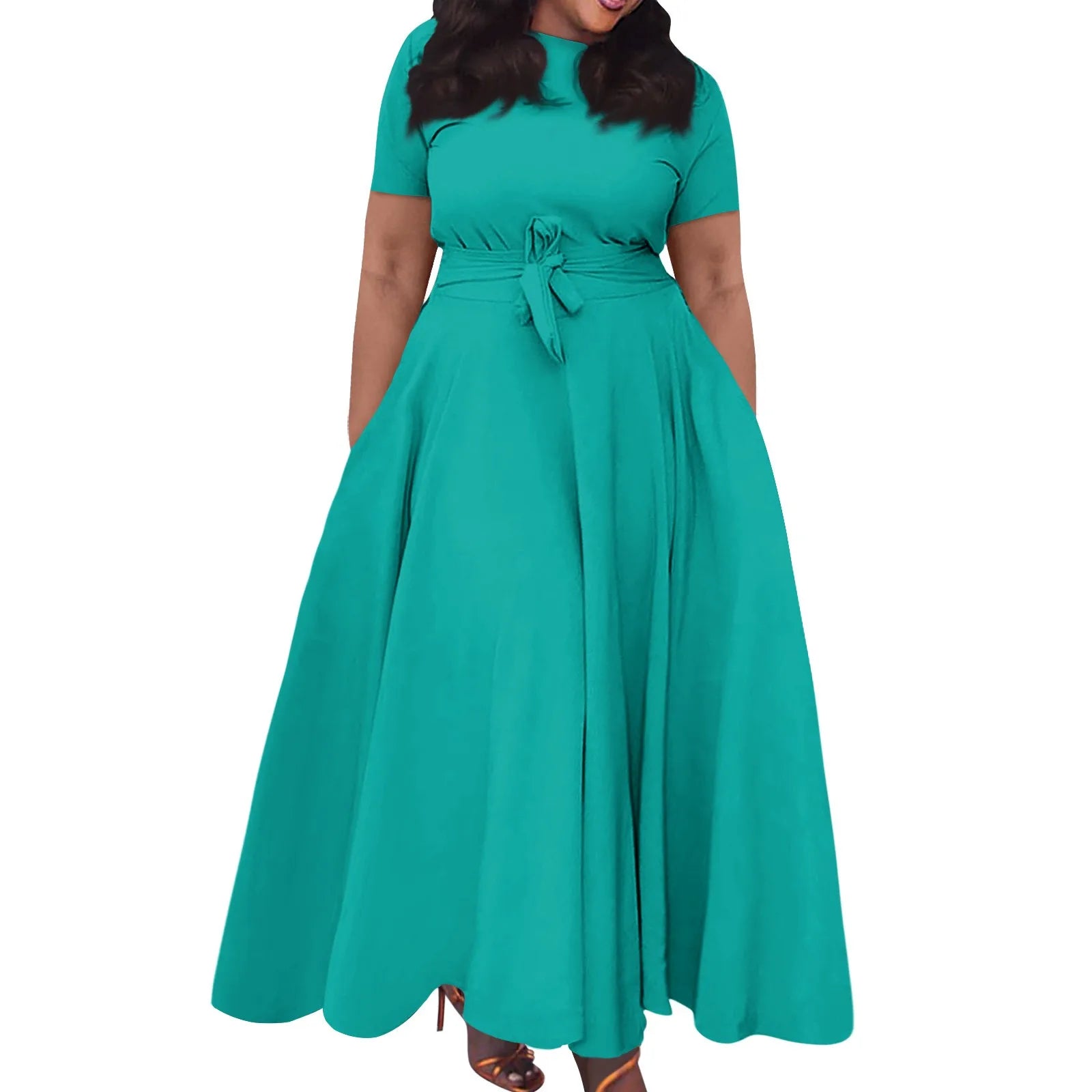 dress for women Casual Fashion Large Size long dresses Solid Color Round Neck dress Short Sleeve Pocket Straps Swing