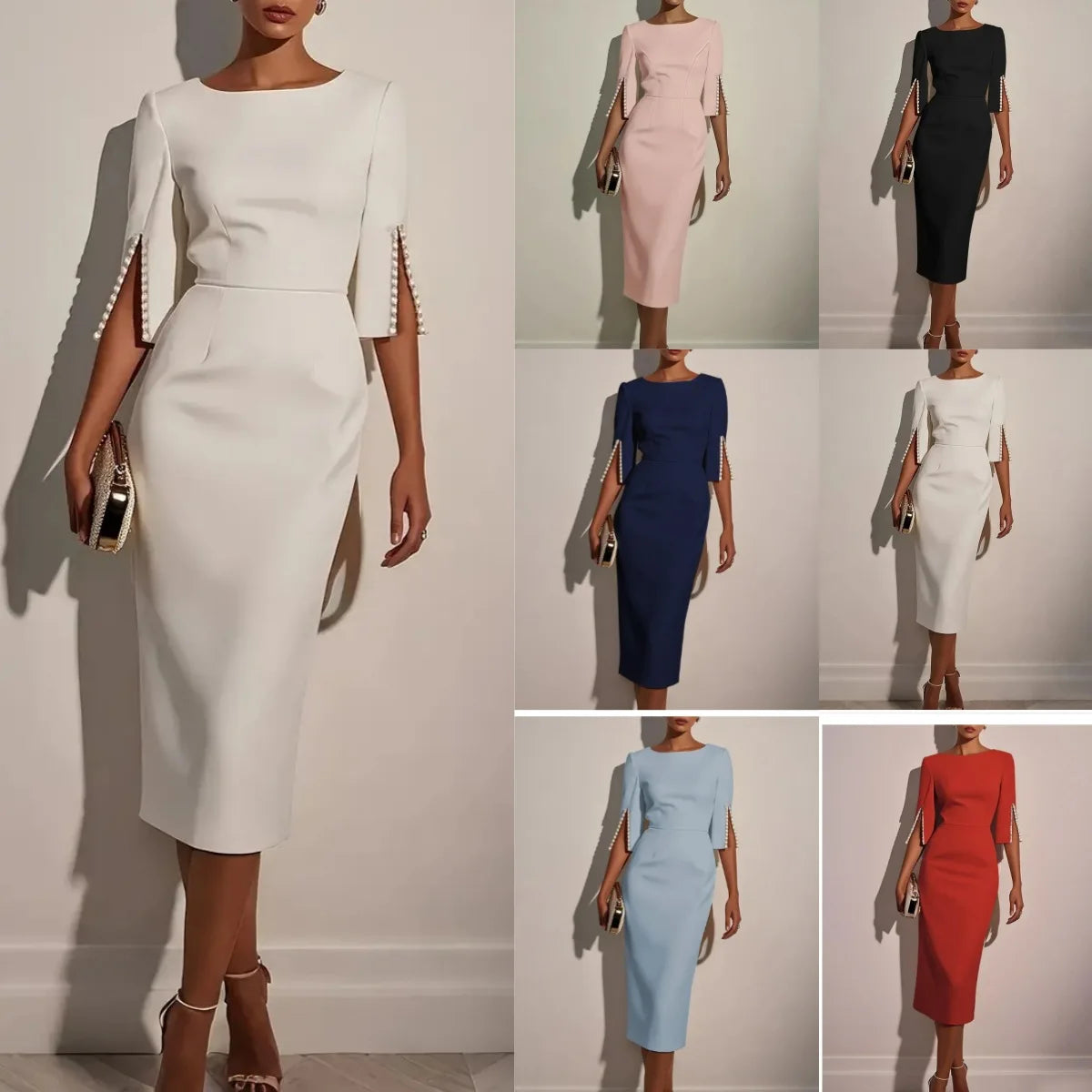 Dress for Women Fashion Comfortable Church Solid Color Bead Slim and Elegant Dress