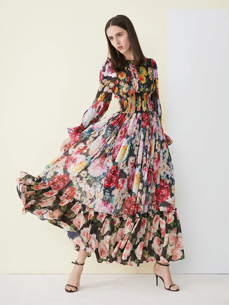 Ladies Elegant Floral Print Long Sleeve Dress Summer Chiffon Ruffled Collar Dress Elegant Elasticity Waist A-Line Sundress