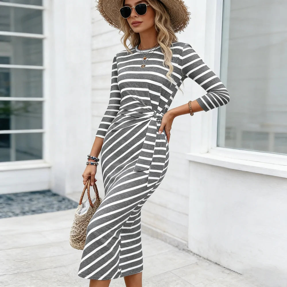 European American Women's Dress - Print Stripe Crew Neck Lace-up Tunic Dress Flattering Loose Fit