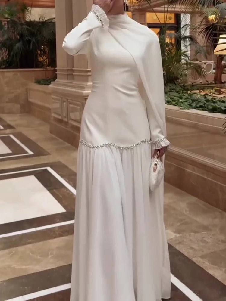 Temperament Lady Long Sleeve Dresses Casual Solid Flowing Chiffon Maxi Dresses Elegant Ribbon Slim Evening Dress