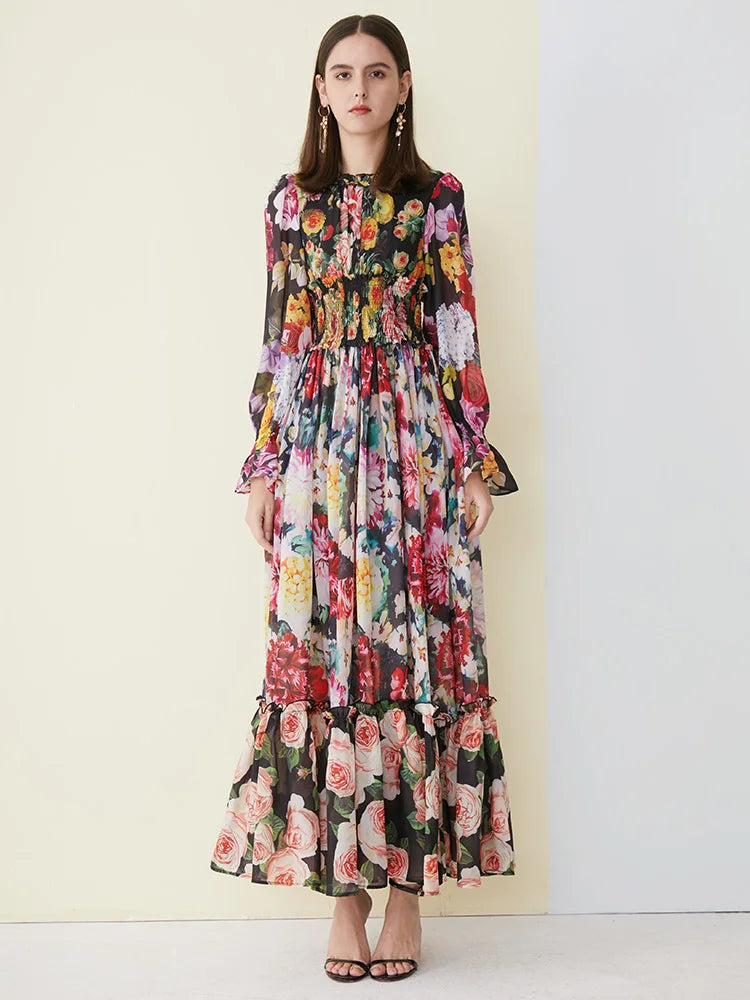 Ladies Elegant Floral Print Long Sleeve Dress Summer Chiffon Ruffled Collar Dress Elegant Elasticity Waist A-Line Sundress
