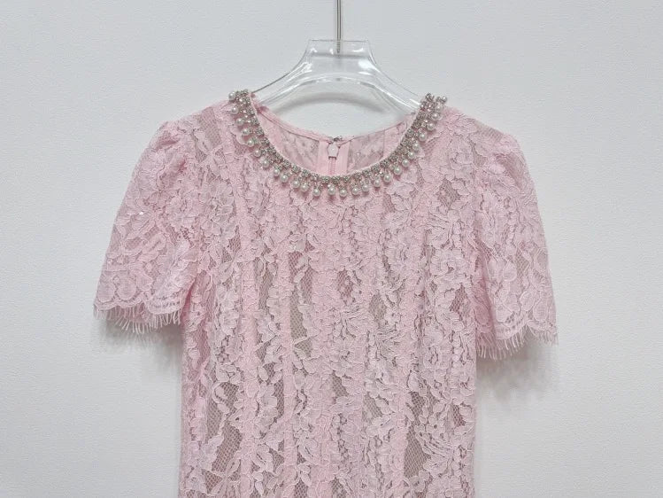 Luxury Pearl Lace Long Dress Formal Occasion Summer Women Midi Dresses Embroidered Ruffle Evening Party Wedding