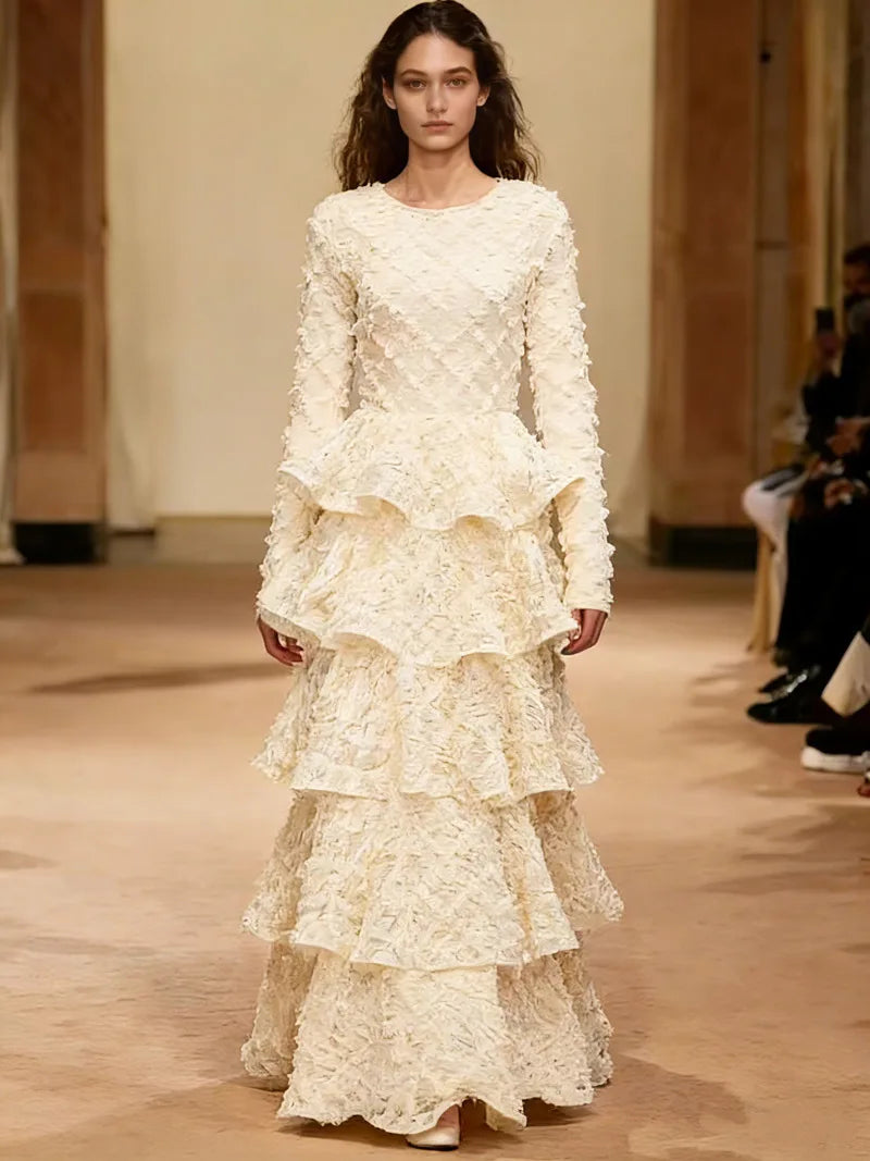 Luxury Pearl Lace Long Dress Formal Occasion Summer Women Midi Dresses Embroidered Ruffle Evening Party Wedding