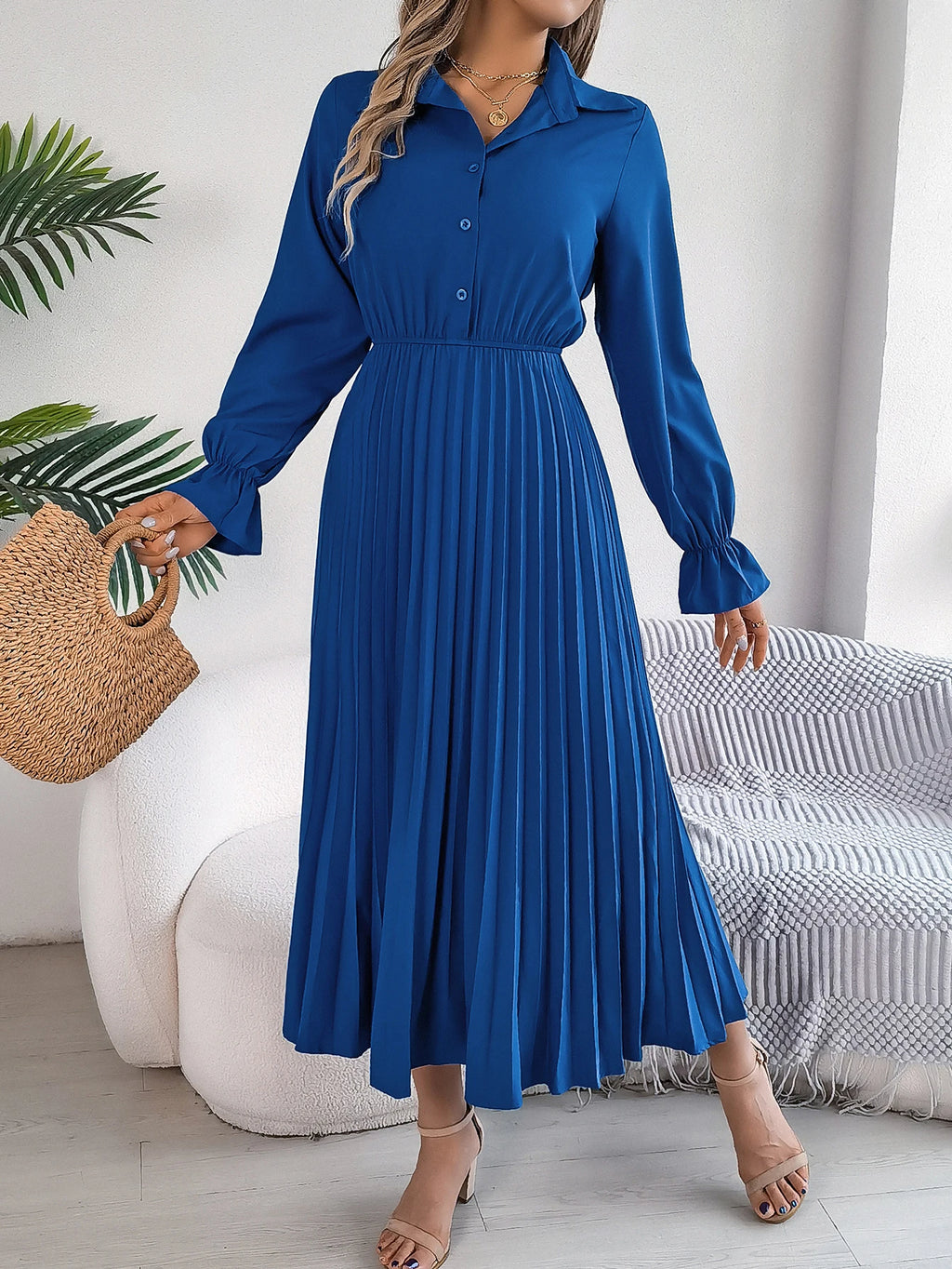 Long Dress for Women Casual Solid Color Polo Neck Button Flare Long Sleeve pleated Dress
