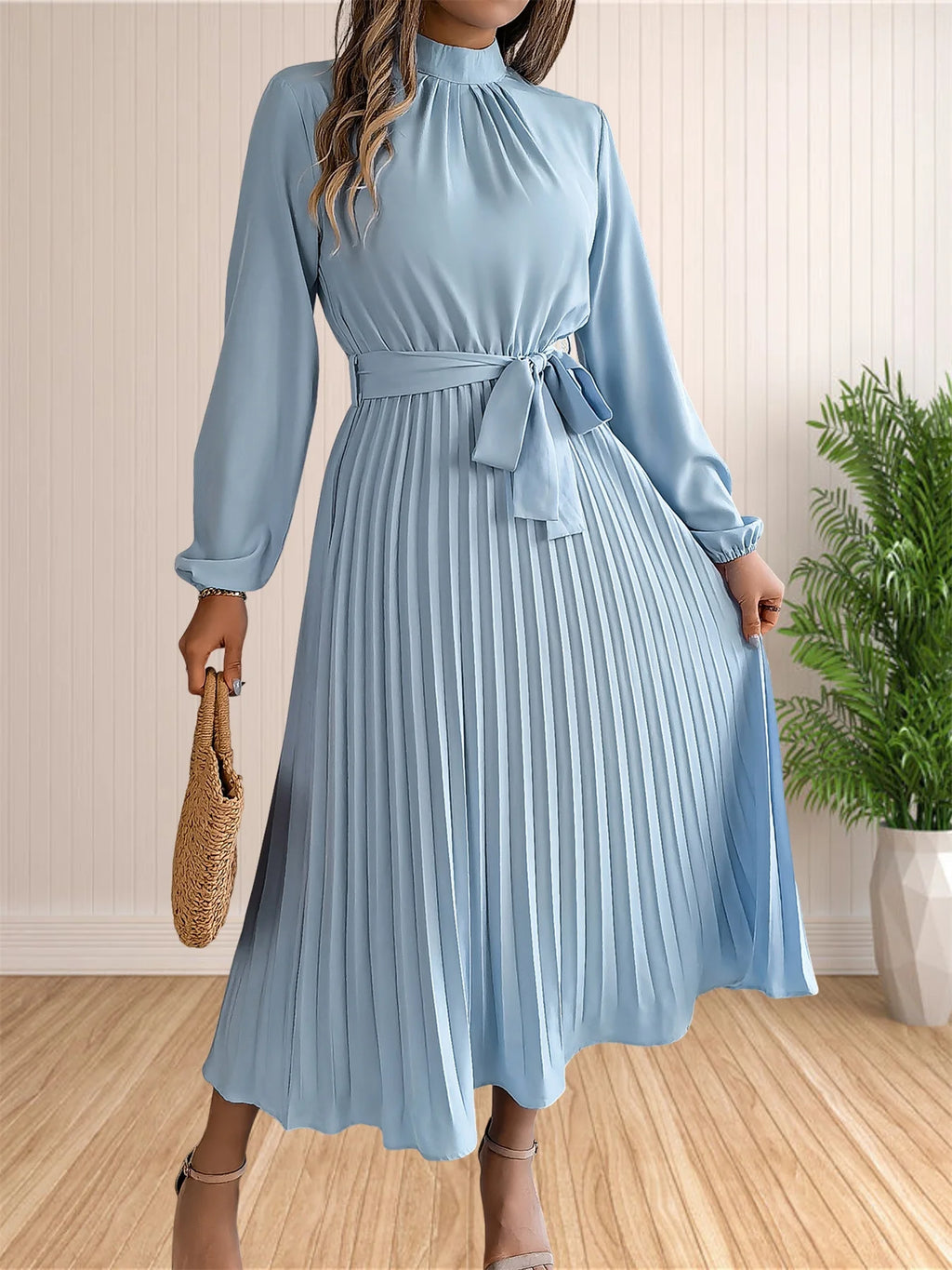 Women's Long Dresses Summer Elegant Pleated Long Sleeveed Lace Up Dresses Boho Wrap Ruffle Hem Swing Sundress