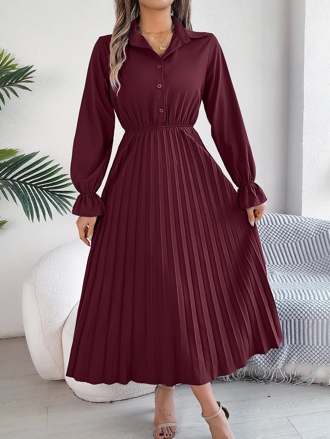 Long Dress for Women Casual Solid Color Polo Neck Button Flare Long Sleeve pleated Dress