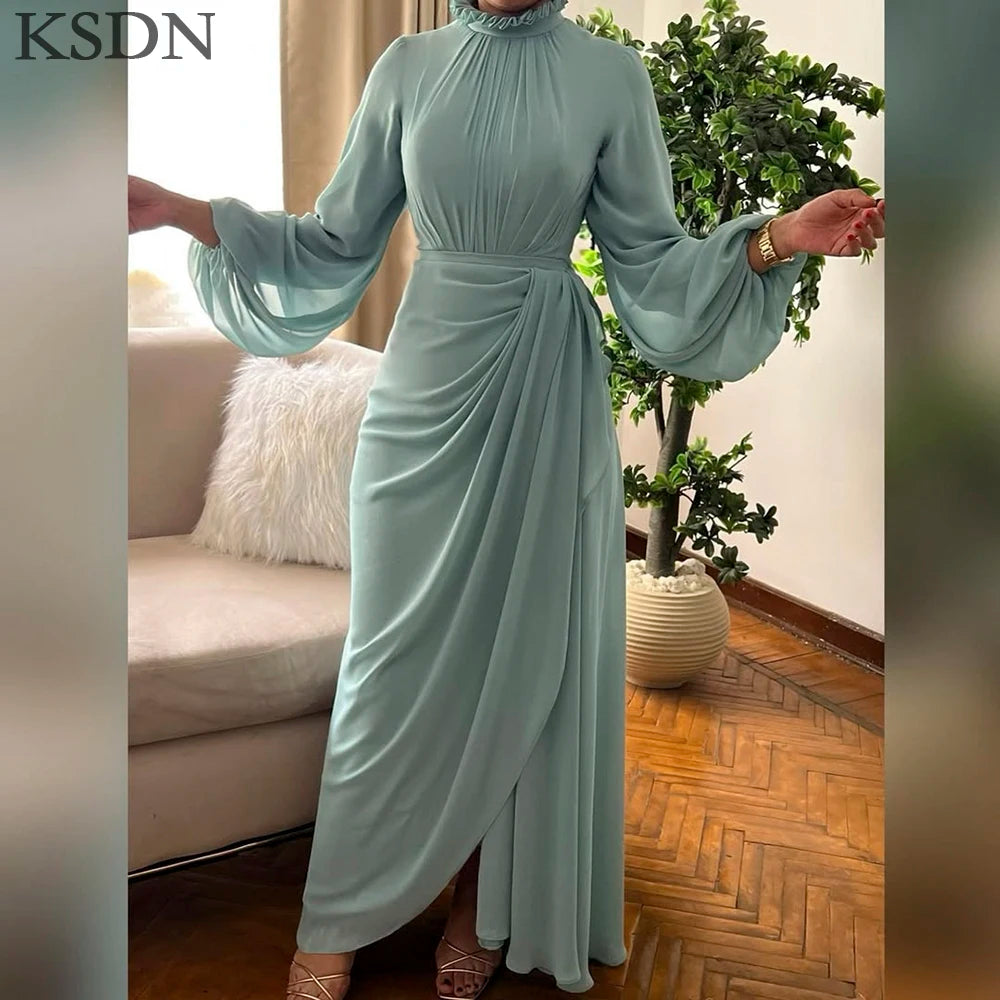 Luxury Evening Dresses High Neck Long Sleeve Pleat Ankle-Length Dress Formal Occasion Chiffon Gowns