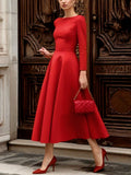 Elegant Simple Red Long Sleeve Dress round Neck Wide Hem for Commuting Casual Festive