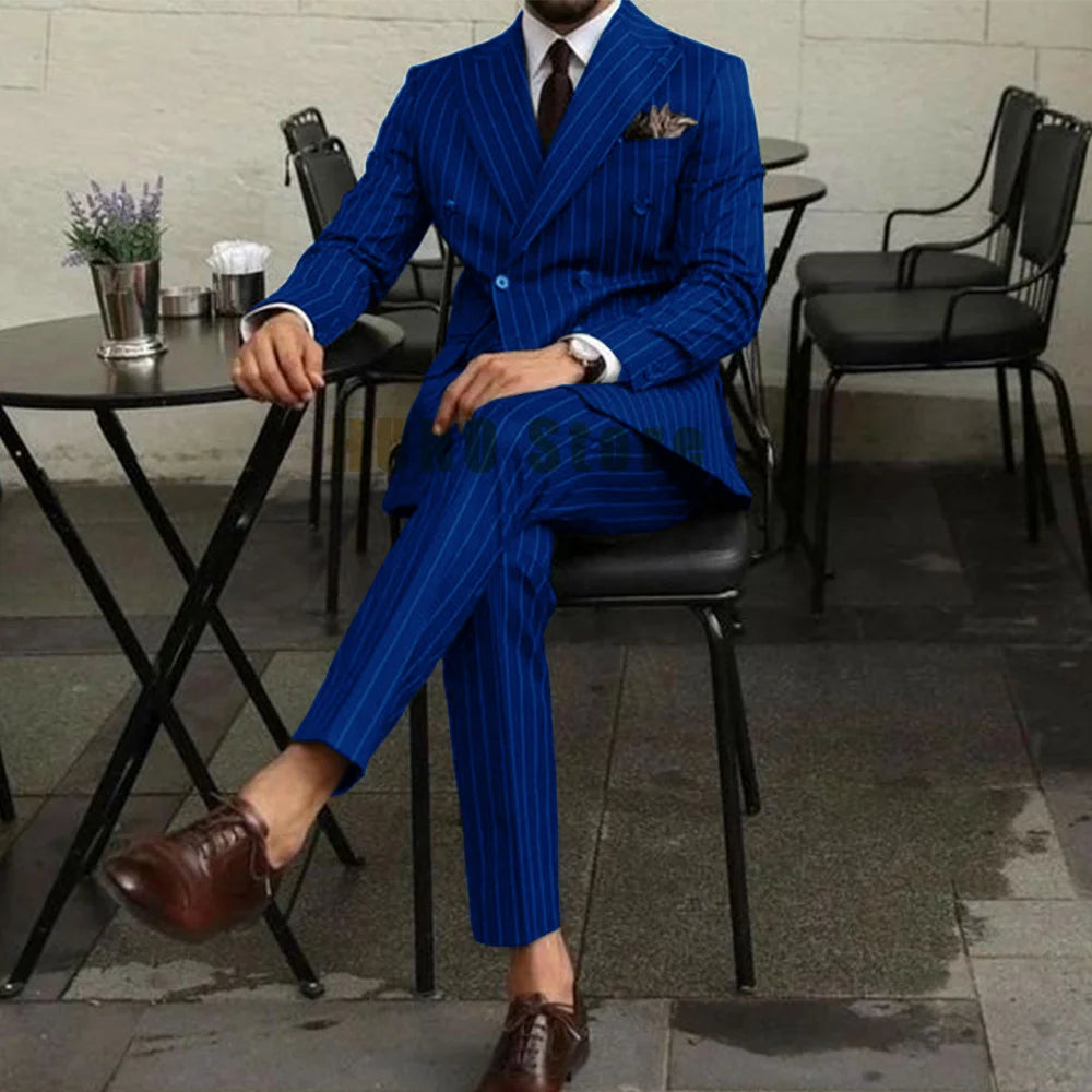Men Suits Two Piece Suit Double Breasted Man Fashionable and Slim-fitting Design Groom Wedding Dress Casual Striped Fabric