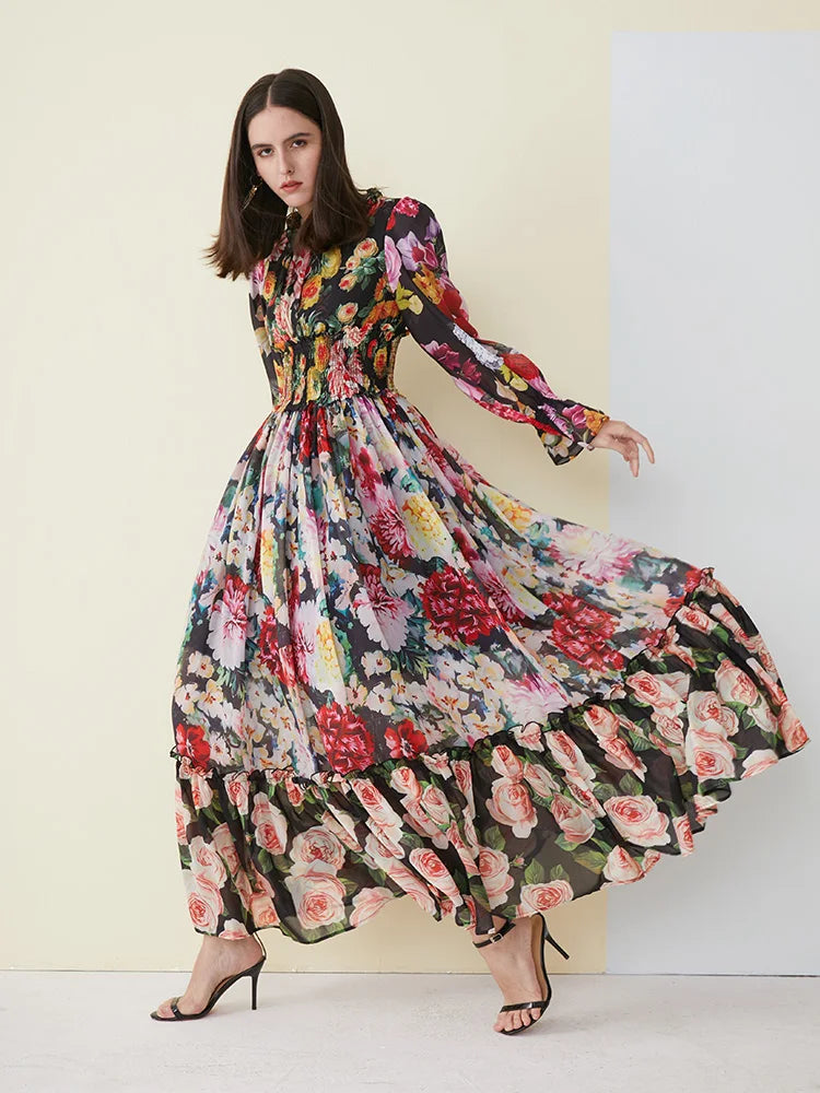 Ladies Elegant Floral Print Long Sleeve Dress Summer Chiffon Ruffled Collar Dress Elegant Elasticity Waist A-Line Sundress