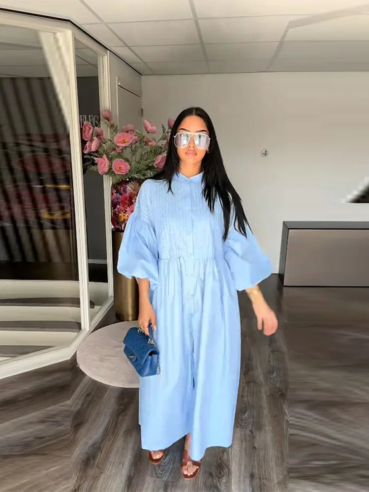 Casual Long Dress Women Solid Loose Neck Full Lantern Sleeve High Waist Robe Spring Fashion Dresses Lady