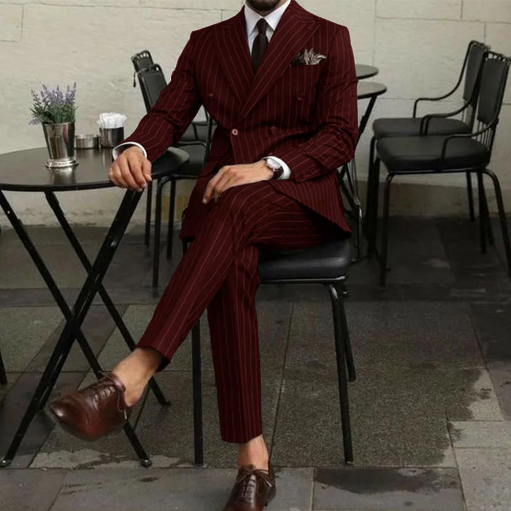 Men Suits Two Piece Suit Double Breasted Man Fashionable and Slim-fitting Design Groom Wedding Dress Casual Striped Fabric