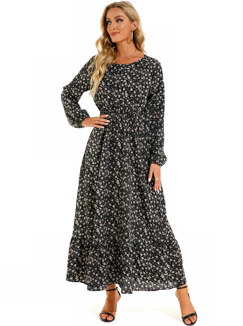 Floral Print Round Neck Long Sleeved Dress For Women Spring Autumn Fashionable Bohemian Big Swing Dress