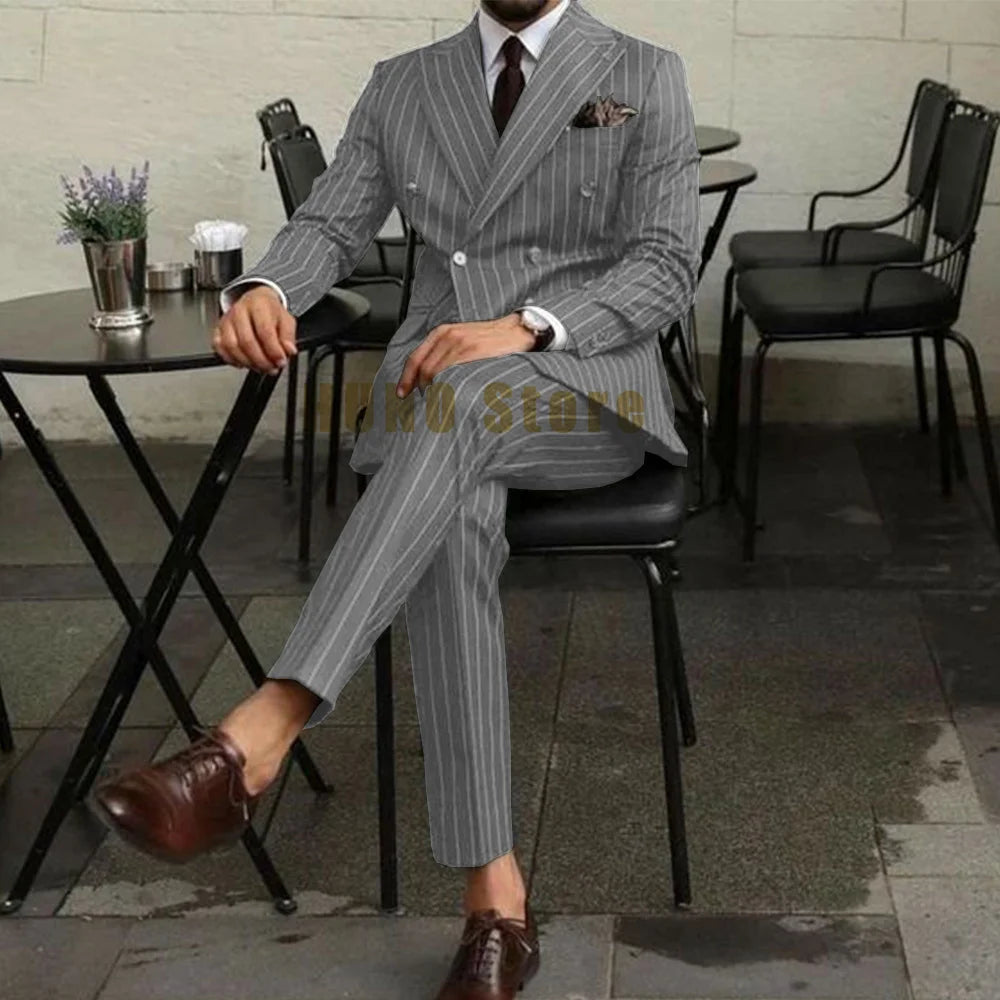 Men Suits Two Piece Suit Double Breasted Man Fashionable and Slim-fitting Design Groom Wedding Dress Casual Striped Fabric