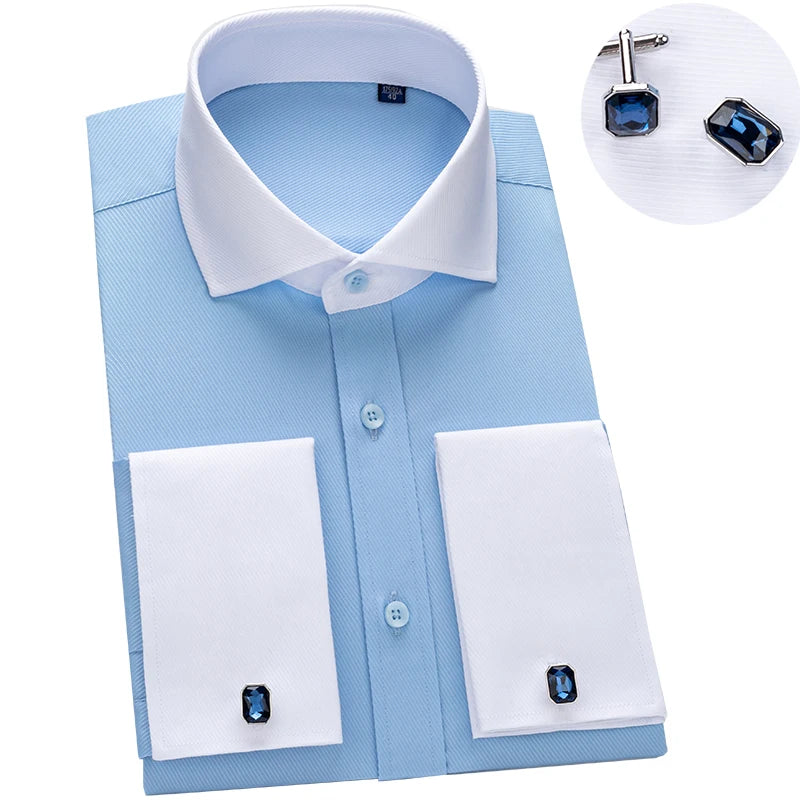Men's Long-Sleeved Shirt Men's High-Grade Niche Double Folded Sleeve Windsor Collar Retro Business Dress Cufflinks