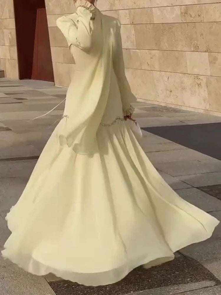 Temperament Lady Long Sleeve Dresses Casual Solid Flowing Chiffon Maxi Dresses Elegant Ribbon Slim Evening Dress