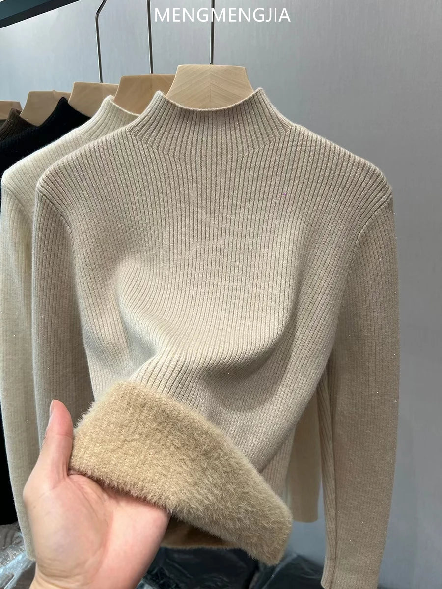 Turtleneck Winter Sweater Women Elegant Thick Velvet Lined Warm Knitted Pullover Slim Tops Jersey Knitwear
