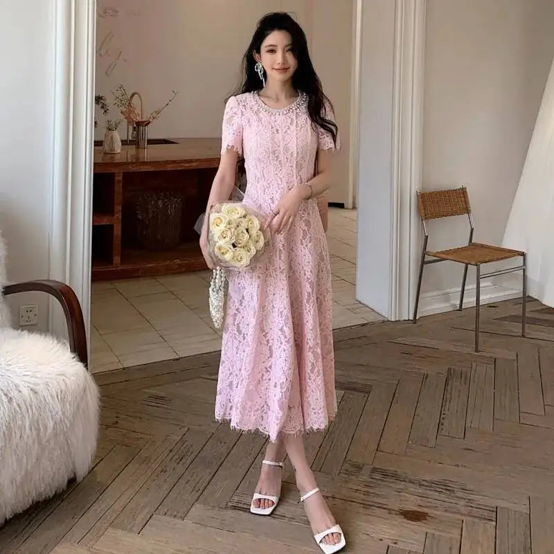 Luxury Pearl Lace Long Dress Formal Occasion Summer Women Midi Dresses Embroidered Ruffle Evening Party Wedding