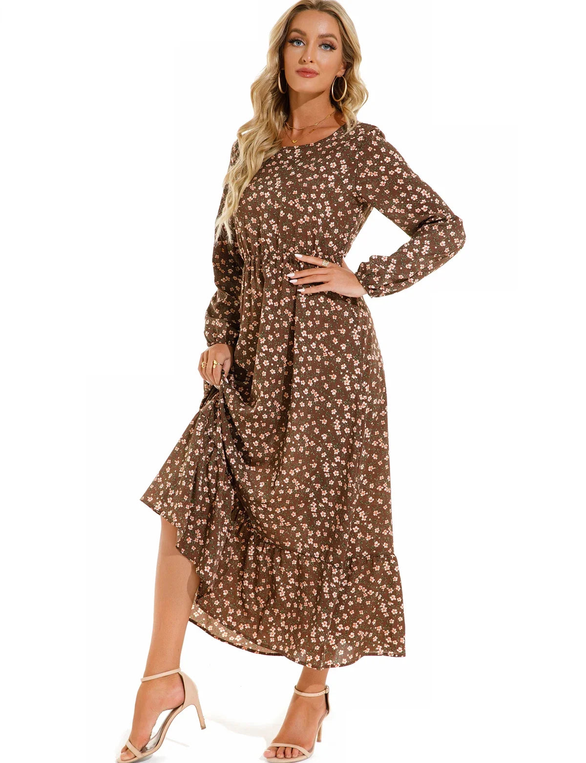 Floral Print Round Neck Long Sleeved Dress For Women Spring Autumn Fashionable Bohemian Big Swing Dress
